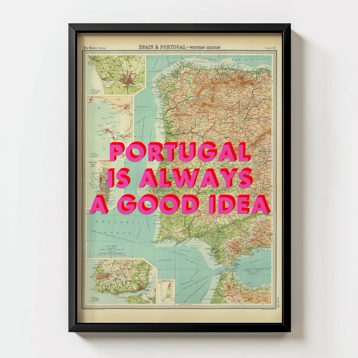Portugal Retro Pop Art Map Print - black frame mockup - Magic Posters