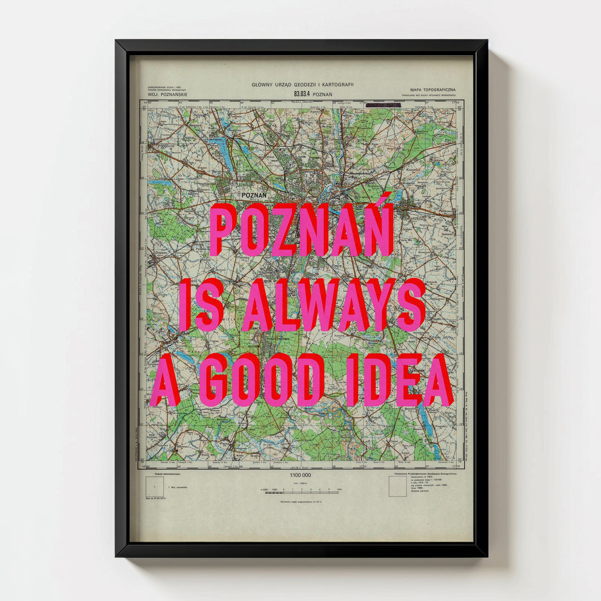 Poznań Retro Pop Art Map Print (portrait) - black frame mockup - Magic Posters Bold