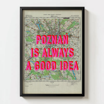 Poznań Retro Pop Art Map Print (portrait) - black frame mockup - Magic Posters Bold