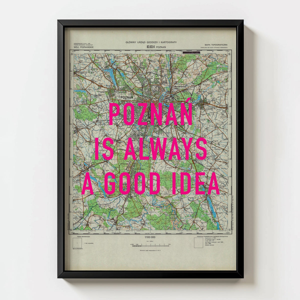 Poznań Retro Pop Art Map Print (portrait) - black frame mockup - Magic Posters