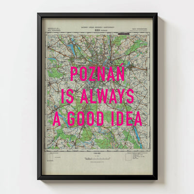 Poznań Retro Pop Art Map Print (portrait) - black frame mockup - Magic Posters