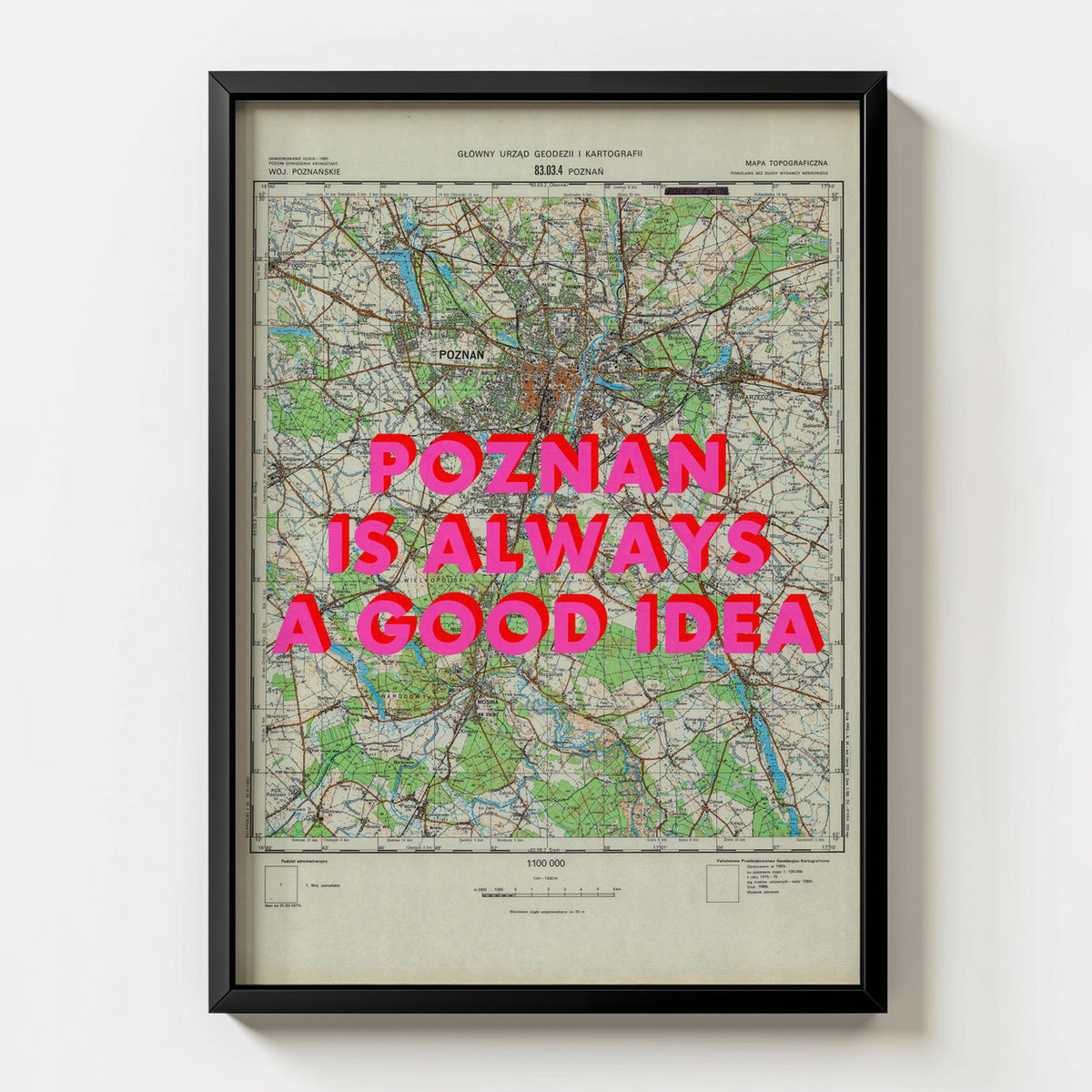 Poznań Retro Pop Art Map Print (portrait) - black frame mockup - Magic Posters