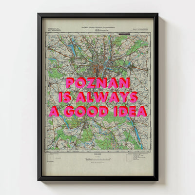 Poznań Retro Pop Art Map Print (portrait) - black frame mockup - Magic Posters