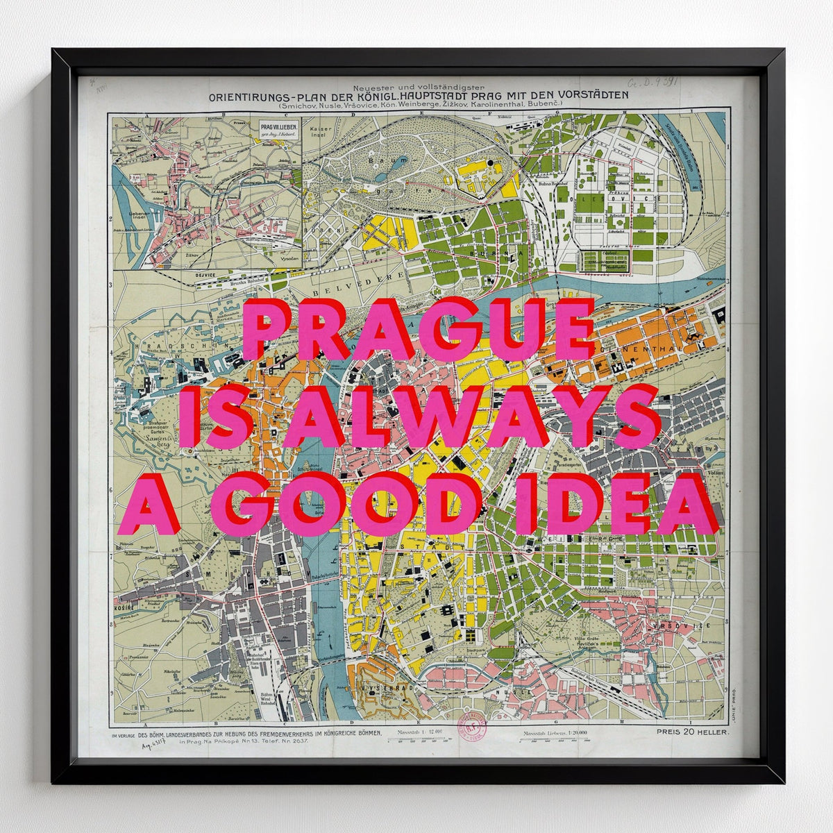 Prague Retro Pop Art Map Print - black frame mockup - Magic Posters