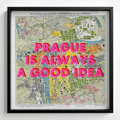 Prague Retro Pop Art Map Print - black frame mockup - Magic Posters