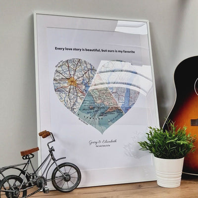 Personalised Heart Map Print Any 3 Locations (Black) - Magic Posters