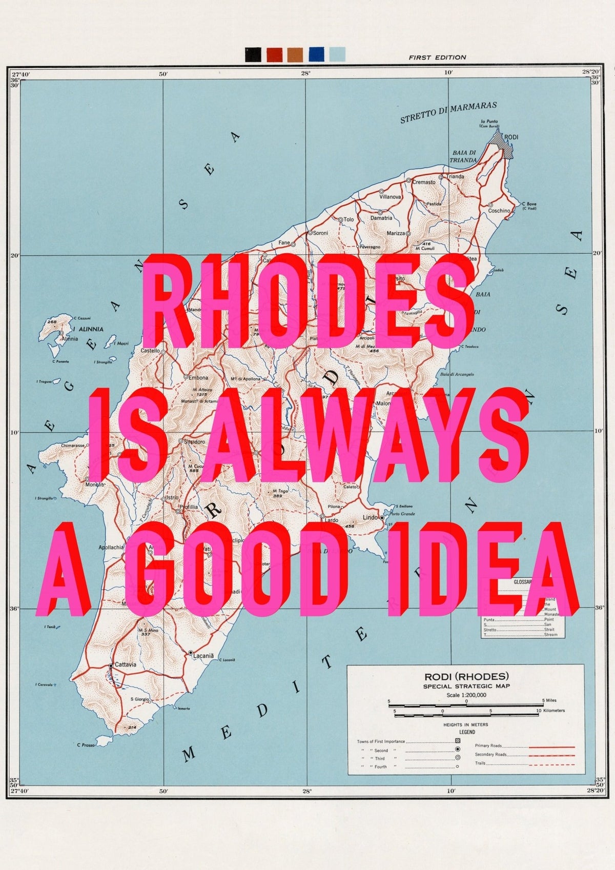 Rhodes Retro Pop Art Map Print (Greece)