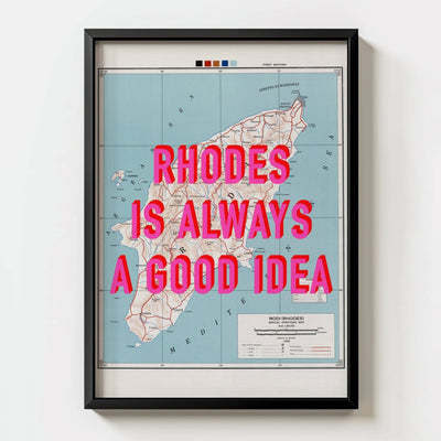 Rhodes Retro Pop Art Map Print (Greece) - black frame mockup - Magic Posters