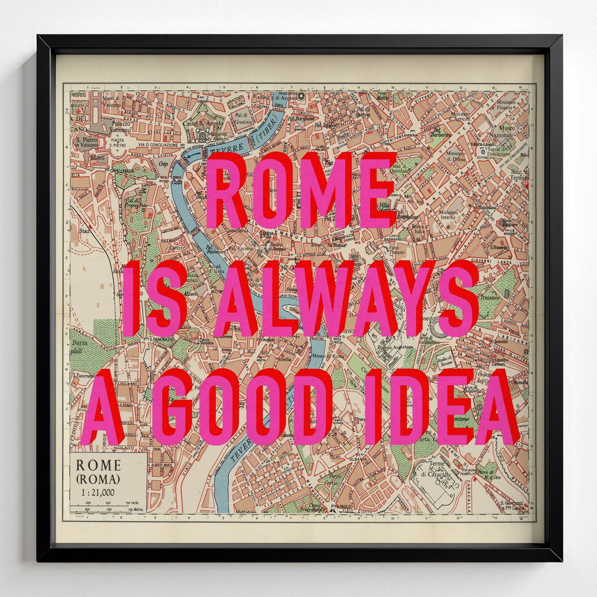 Rome (Italy) Retro Pop Art Map Print - black frame mockup - Magic Posters