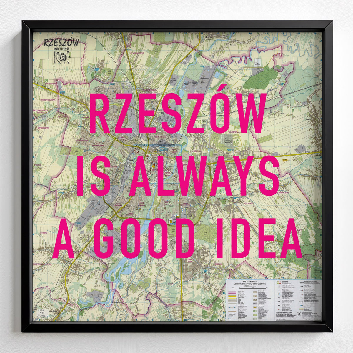 Rzeszów Retro Pop Art Map Print (square) - black frame mockup - Magic Posters