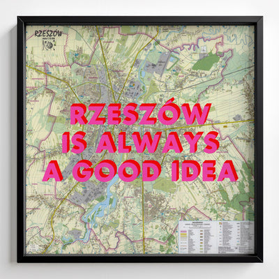Rzeszów Retro Pop Art Map Print (square) - black frame mockup - Magic Posters