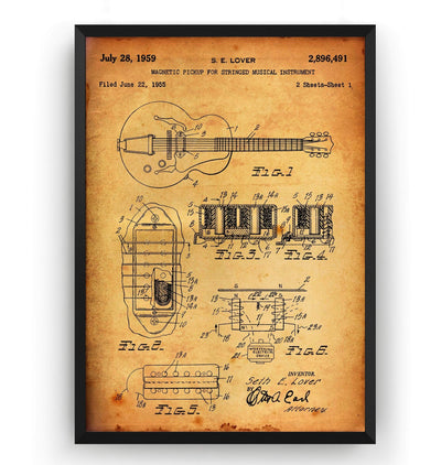 S. E. Lover Humbucker Pickup Broadkaster Guitar 1959 Patent Print - Magic Posters