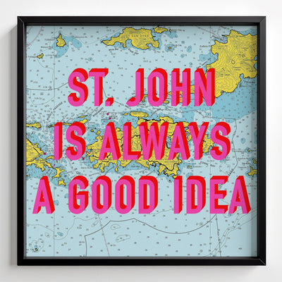 Saint John Retro Pop Art Map Print (U.S. Virgin Islands) - black frame mockup - Magic Posters