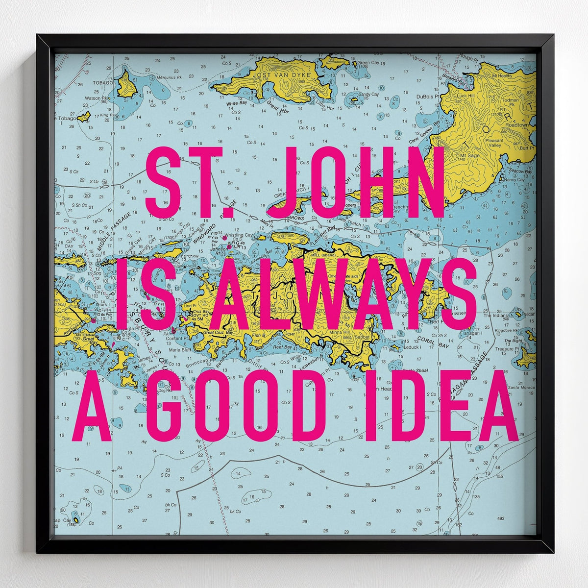 Saint John Retro Pop Art Map Print (U.S. Virgin Islands) - black frame mockup - Magic Posters