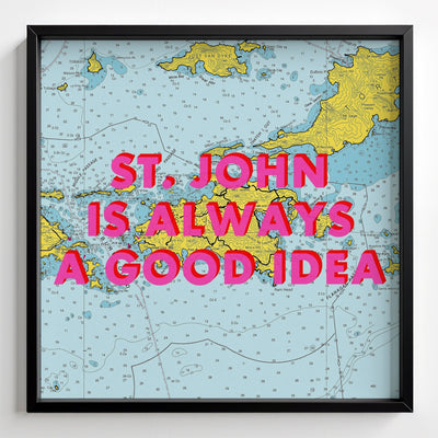 Saint John Retro Pop Art Map Print (U.S. Virgin Islands) - black frame mockup - Magic Posters