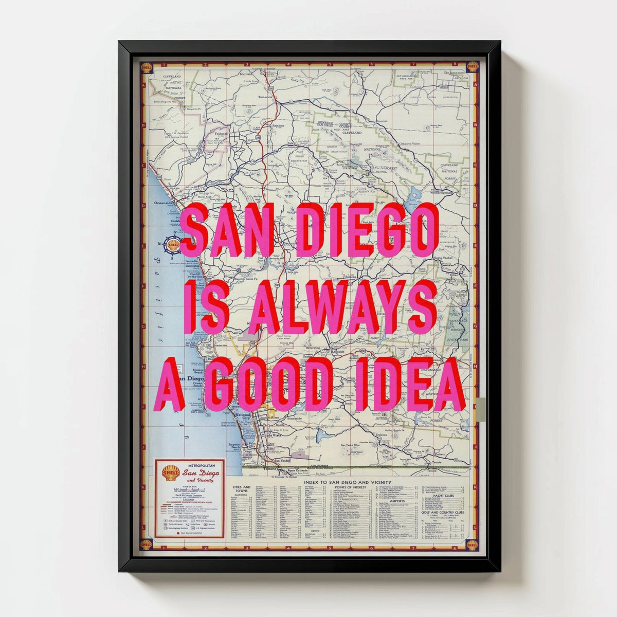 San Diego Retro Pop Art Map Print (portrait) - black frame mockup - Magic Posters