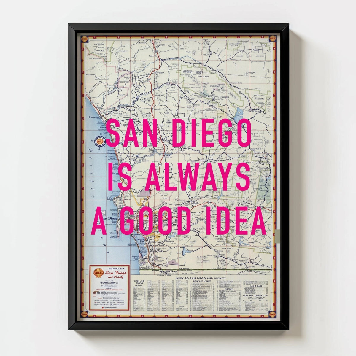 San Diego Retro Pop Art Map Print (portrait) - black frame mockup - Magic Posters
