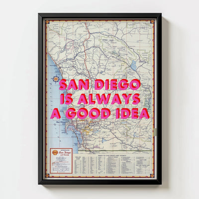 San Diego Retro Pop Art Map Print (portrait) - black frame mockup - Magic Posters