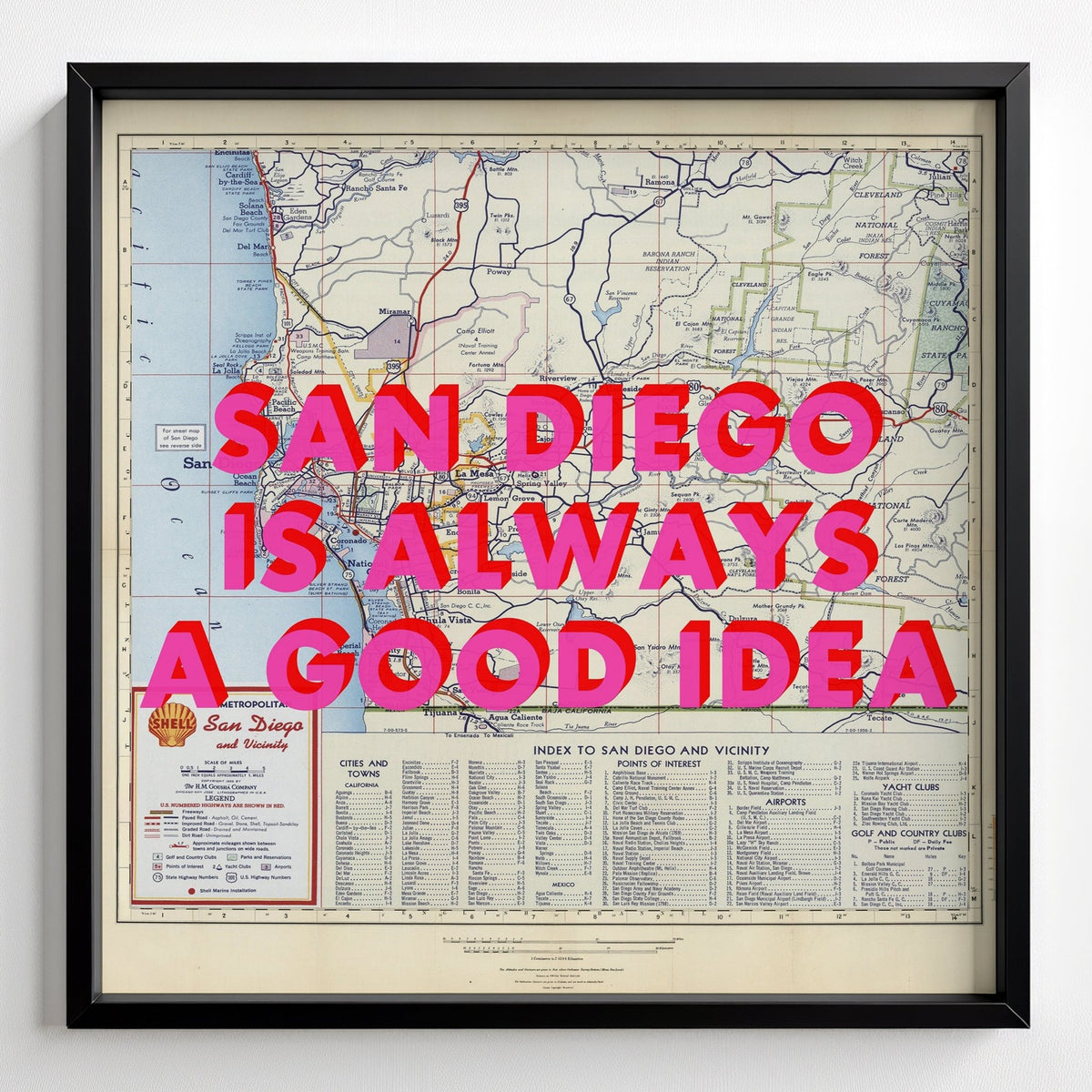 San Diego Retro Pop Art Map Print (Square) - black frame mockup - Magic Posters