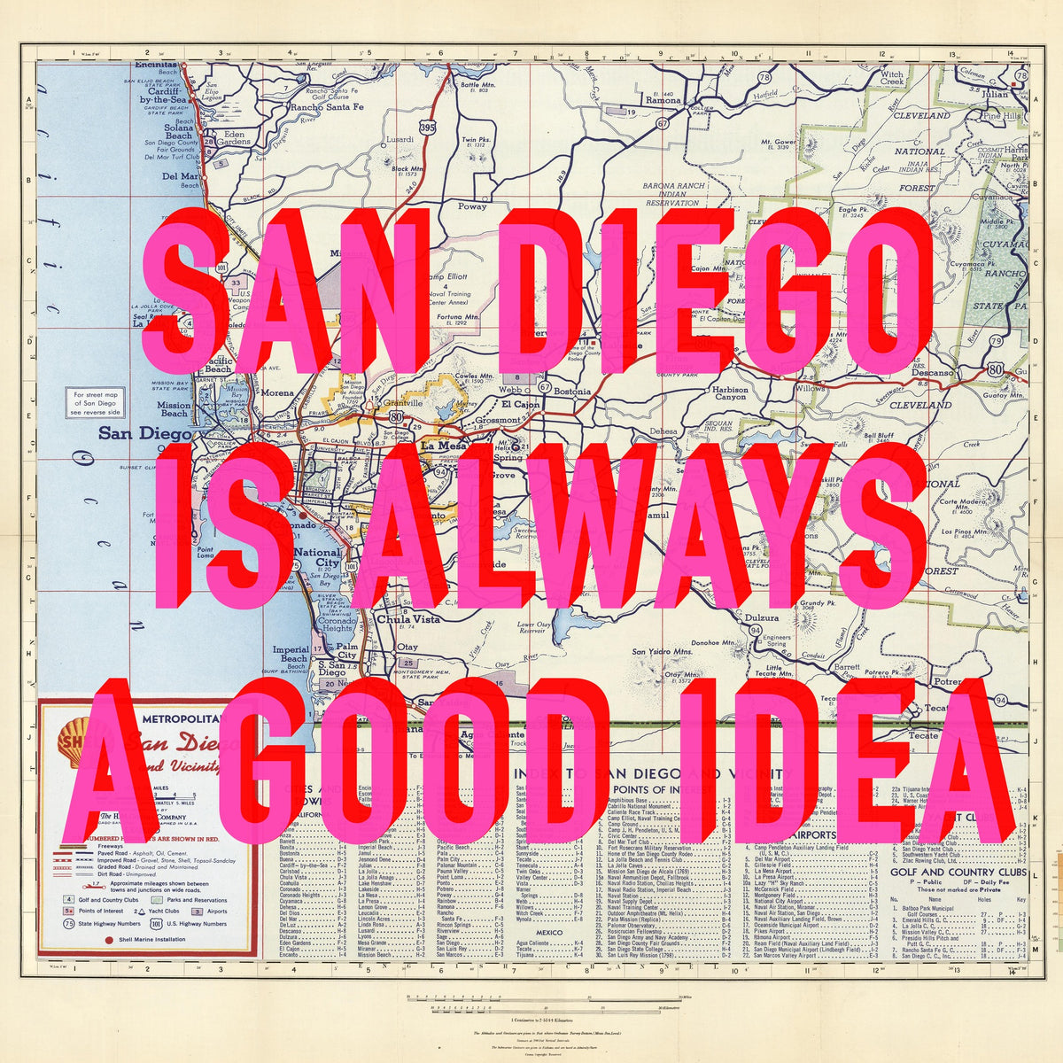 San Diego Retro Pop Art Map Print (Square)