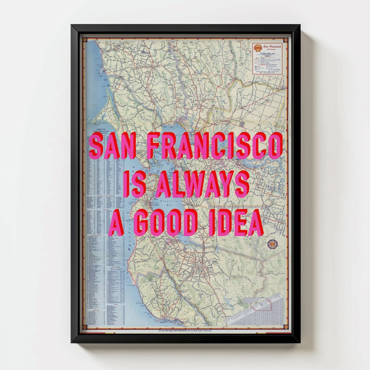 San Francisco Retro Pop Art Map Print (portrait) - black frame mockup - Magic Posters