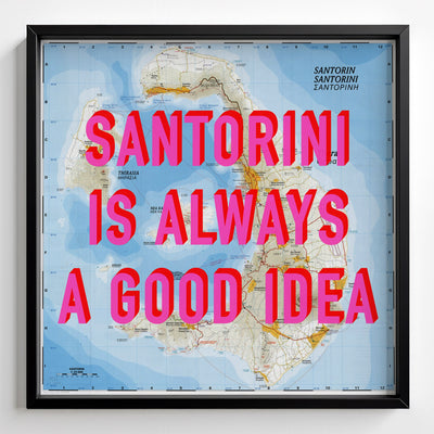 Santorini Retro Pop Art Map Print (square) - black frame mockup - Magic Posters Bold