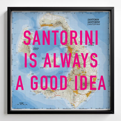 Santorini Retro Pop Art Map Print (square) - black frame mockup - Magic Posters