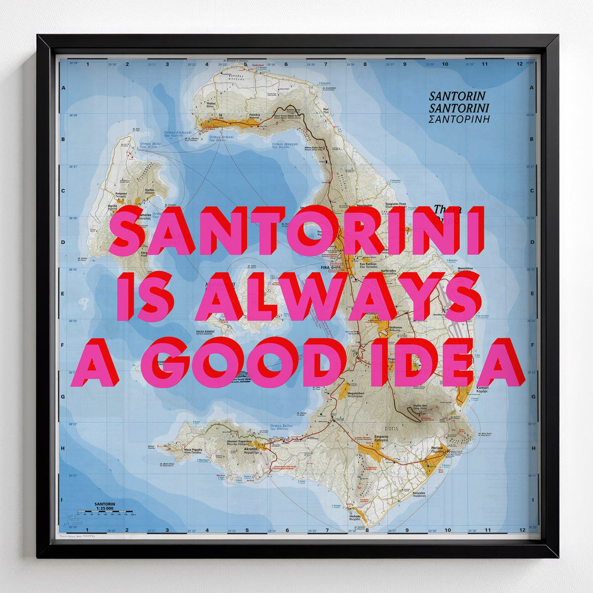 Santorini Retro Pop Art Map Print (square) - black frame mockup - Magic Posters