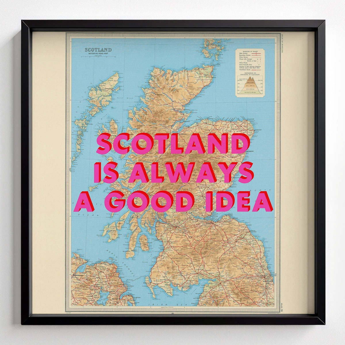 Scotland Retro Pop Art Map Print - black frame mockup - Magic Posters