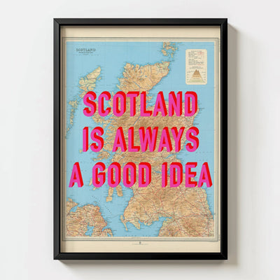 Scotland Retro Pop Art Map Print - black frame mockup - Magic Posters