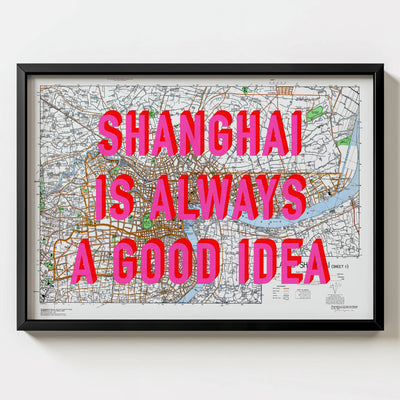 Shanghai Retro Pop Art Map Print (landscape) - black frame mockup - Magic Posters Bold