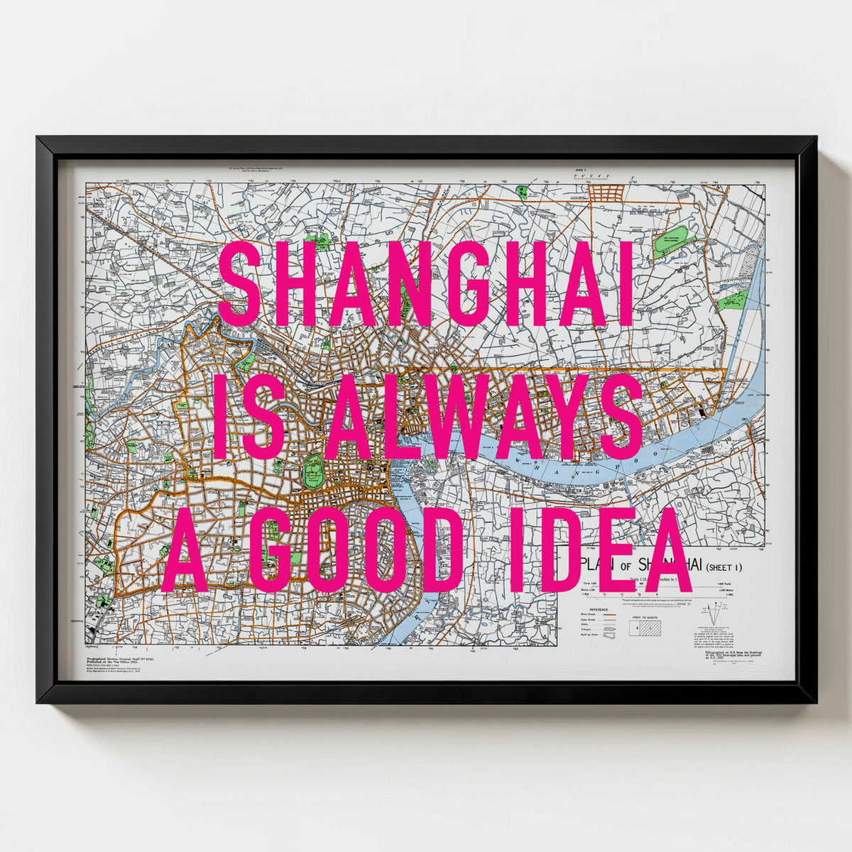 Shanghai Retro Pop Art Map Print (landscape) - black frame mockup - Magic Posters