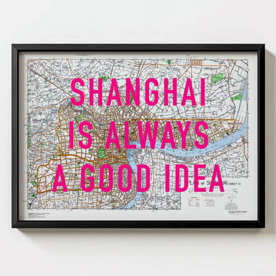 Shanghai Retro Pop Art Map Print (landscape) - black frame mockup - Magic Posters