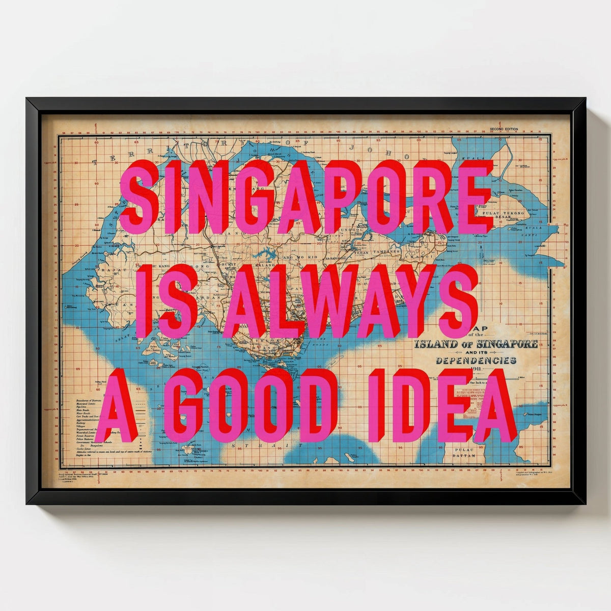 Singapore Retro Pop Art Map Print (Landscape) - black frame mockup - Magic Posters