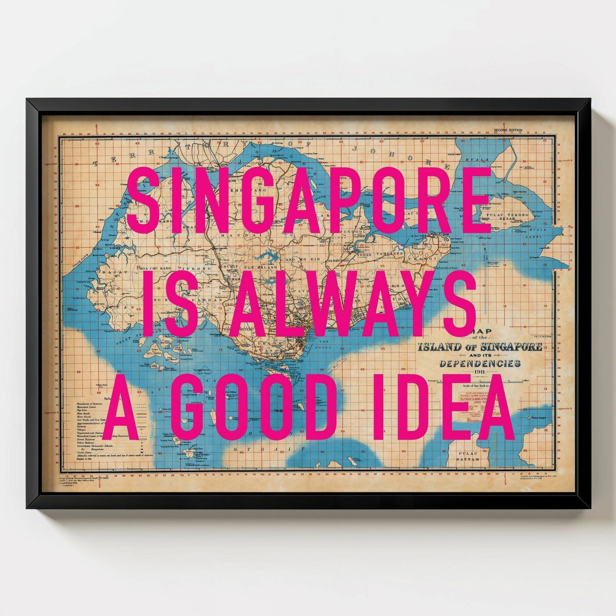 Singapore Retro Pop Art Map Print (Landscape) - black frame mockup - Magic Posters