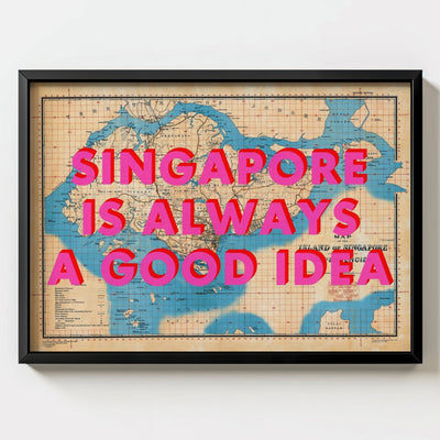 Singapore Retro Pop Art Map Print (Landscape) - black frame mockup - Magic Posters