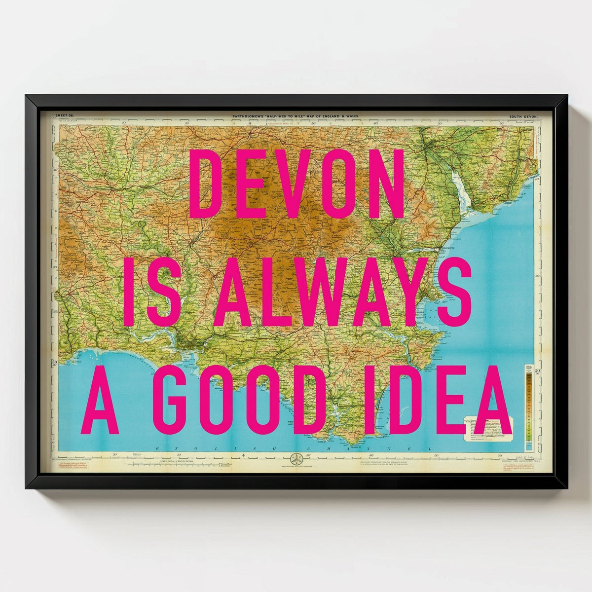 South Devon Retro Pop Art Map Print - black frame mockup - Magic Posters