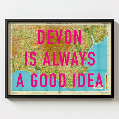 South Devon Retro Pop Art Map Print - black frame mockup - Magic Posters