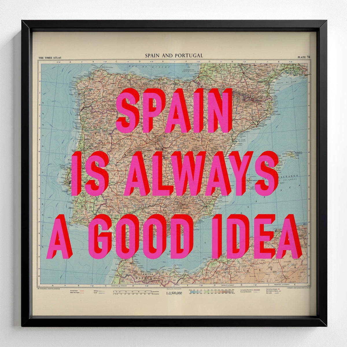 Spain Retro Pop Art Map Print - black frame mockup - Magic Posters