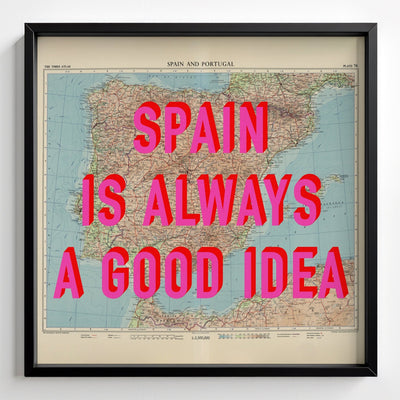 Spain Retro Pop Art Map Print - black frame mockup - Magic Posters