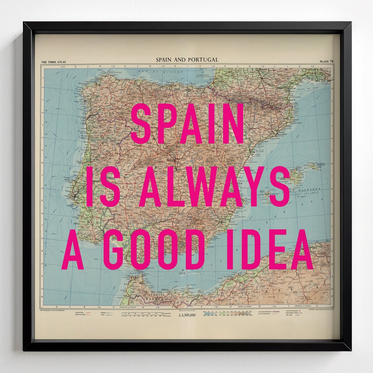 Spain Retro Pop Art Map Print - black frame mockup - Magic Posters