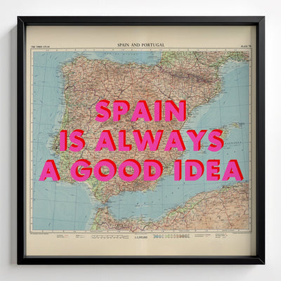 Spain Retro Pop Art Map Print - black frame mockup - Magic Posters
