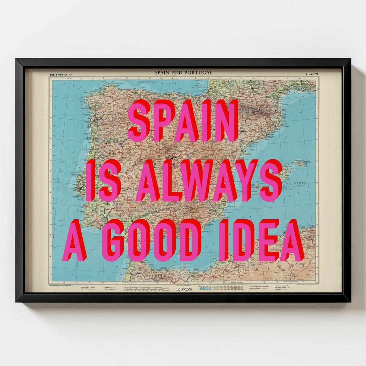 Spain Retro Pop Art Map Print (landscape) - black frame mockup - Magic Posters