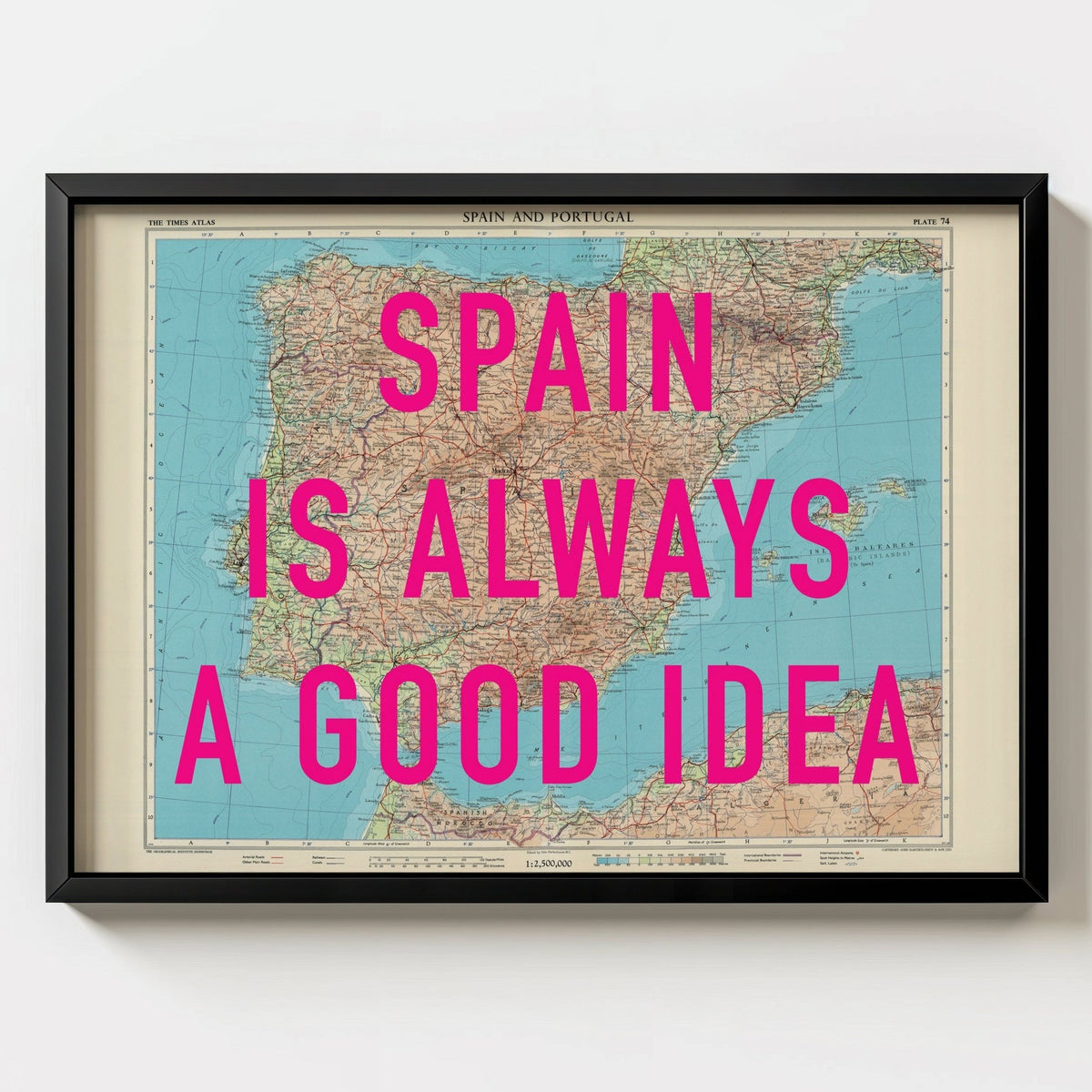 Spain Retro Pop Art Map Print (landscape) - black frame mockup - Magic Posters