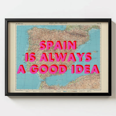 Spain Retro Pop Art Map Print (landscape) - black frame mockup - Magic Posters