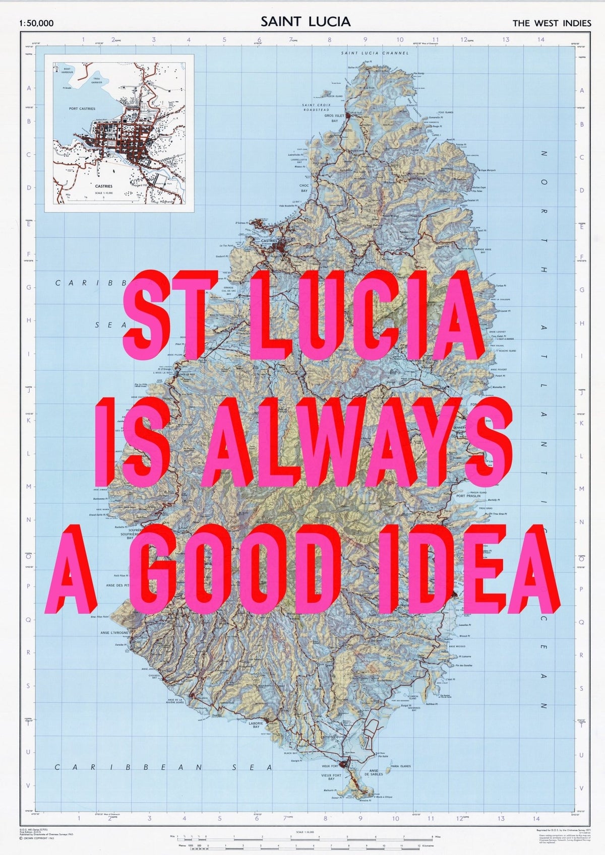 St Lucia Retro Pop Art Map Print (portrait)