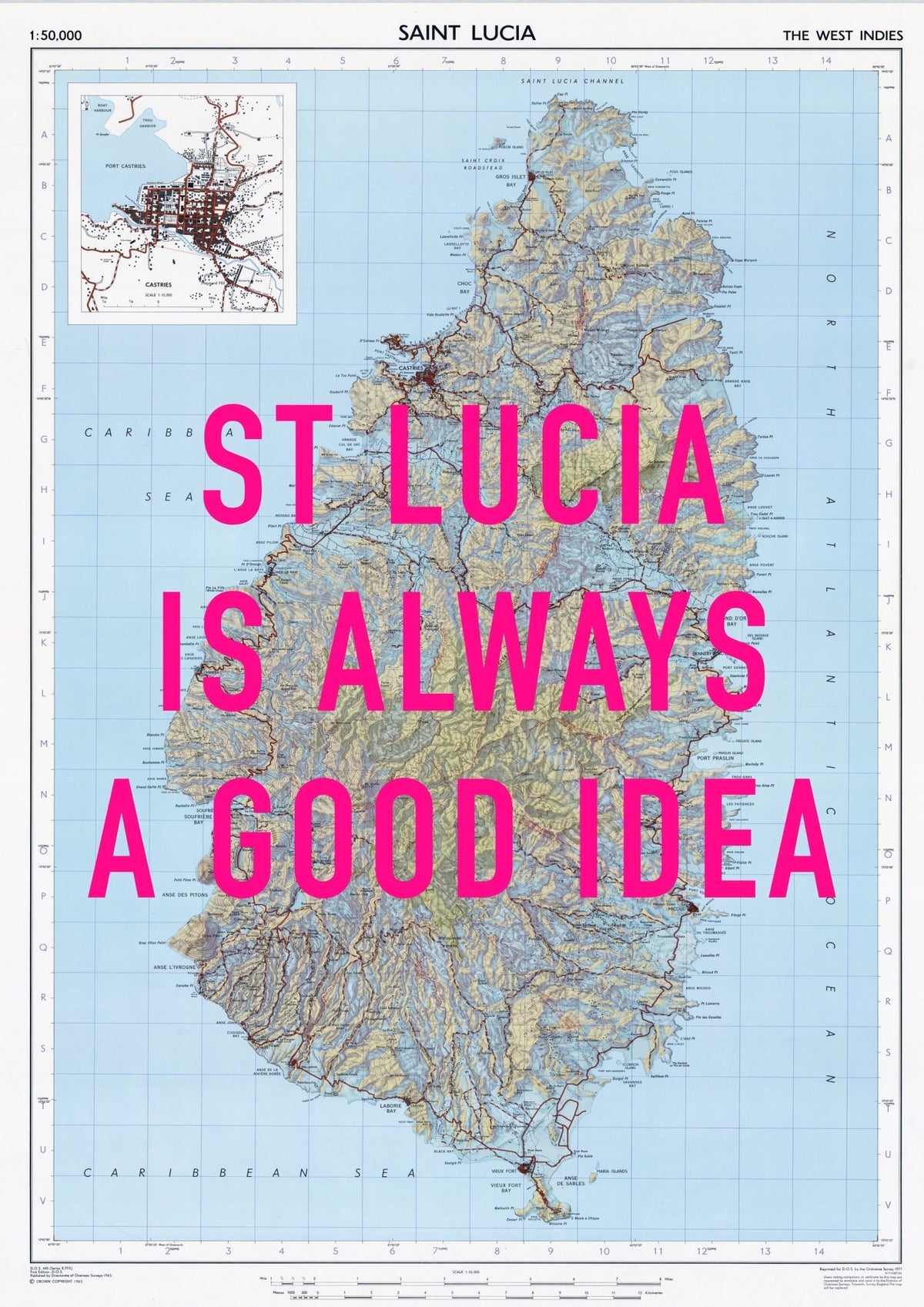 St Lucia Retro Pop Art Map Print (portrait)