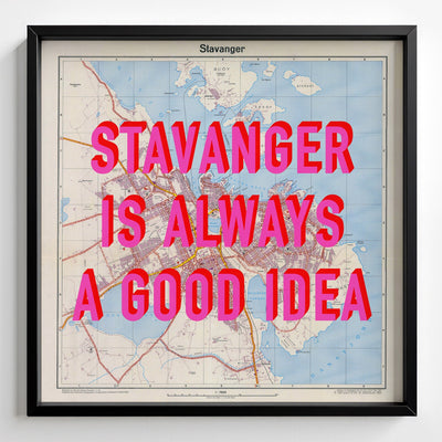 Stavanger Retro Pop Art Map Print (square) - black frame mockup - Magic Posters Bold