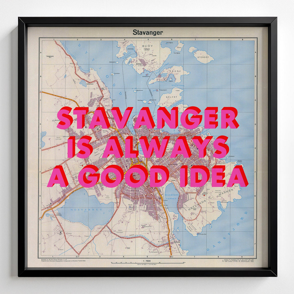 Stavanger Retro Pop Art Map Print (square) - black frame mockup - Magic Posters