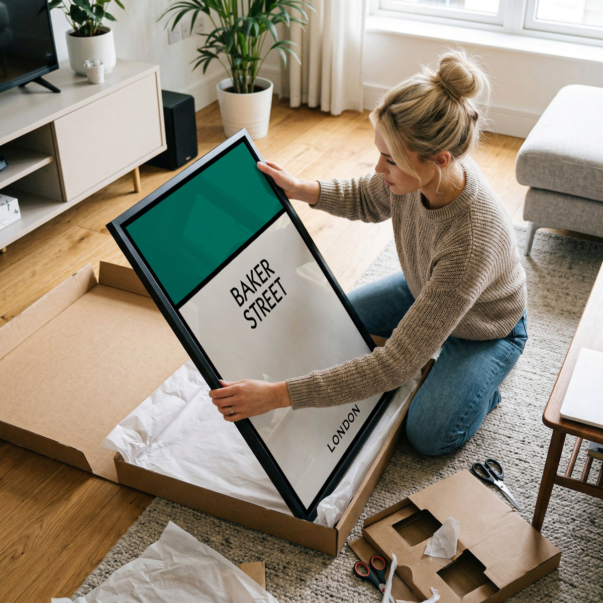 Woman unpacking a framed personalised Baker Street street name print